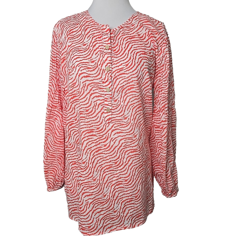 Tribal DeNime Orange Print Cotton Long Box-Pleat Elastic Cuff Sleeve Top Large